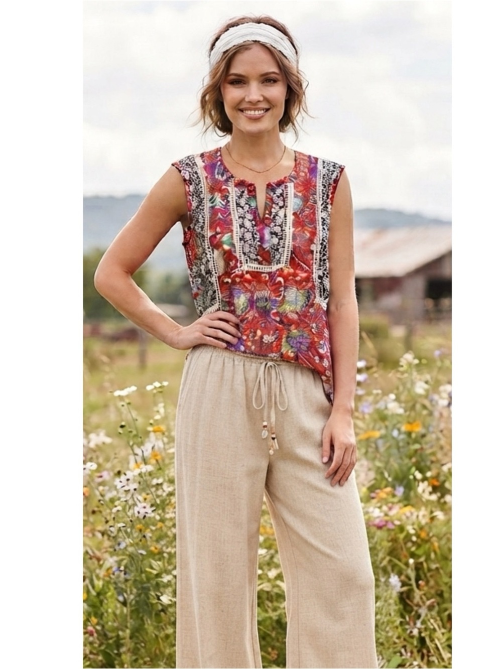 ANTHROPOLOGIE MEADOW RUE Floral Sleeveless Blouse Crochet Accent Womens Sz S 4/6